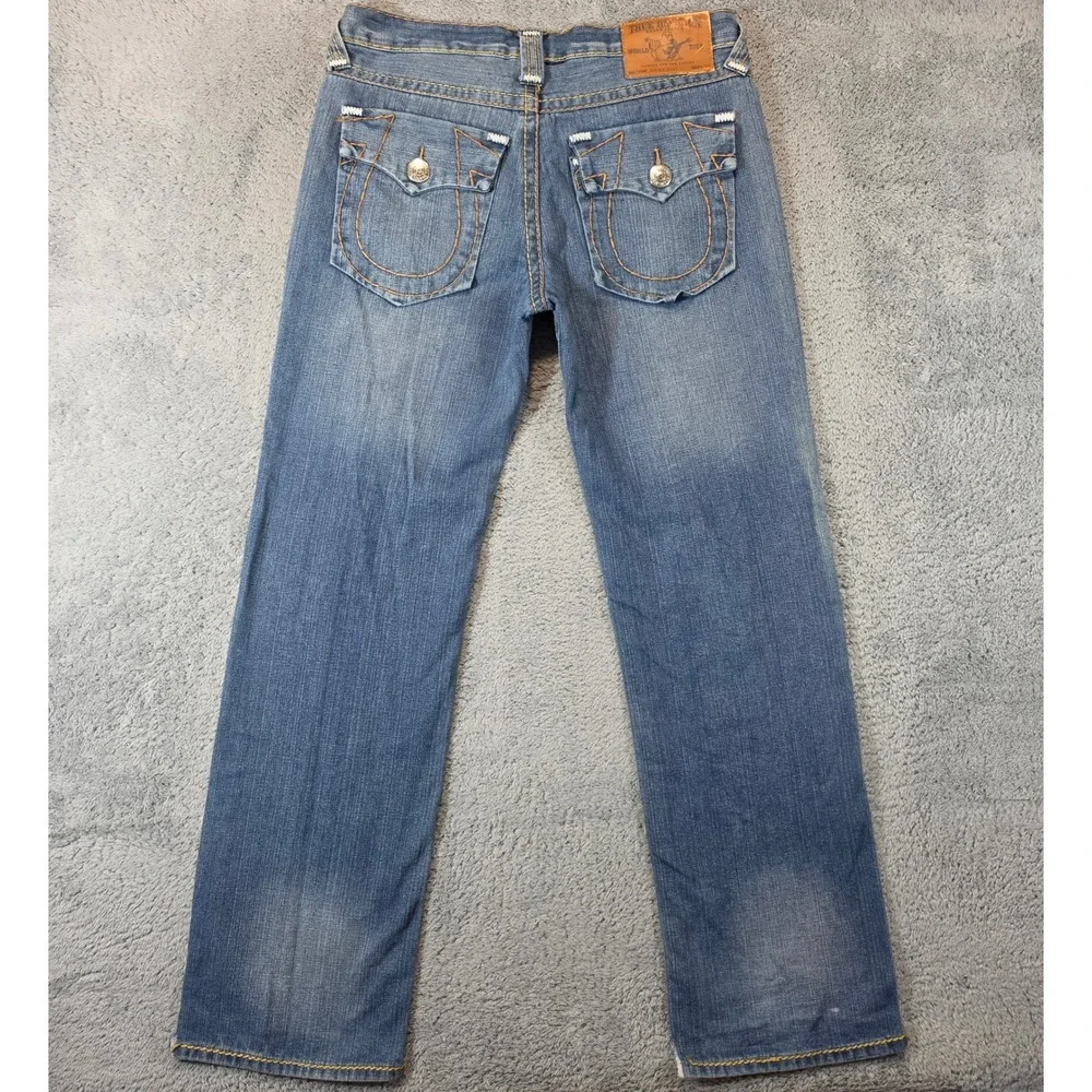 Vtg True Religion Ricky Big T Jeans Mens 34x32 Blue Straight Leg USA Made Stitch
